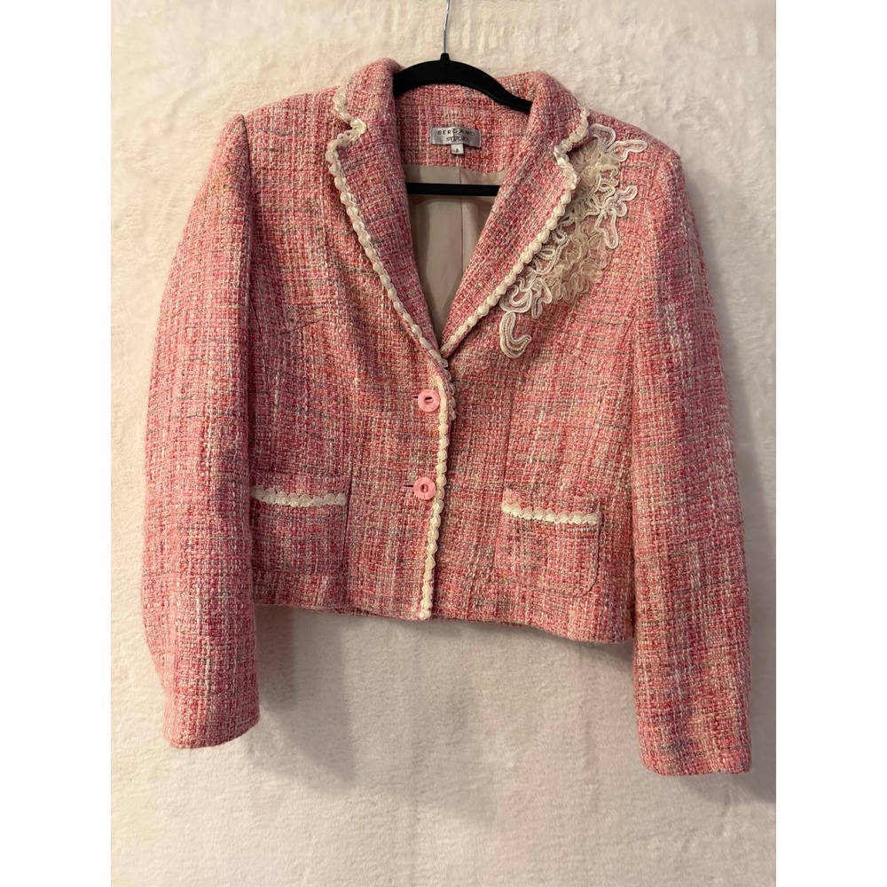 Bergamo Studio Pink Tweed Blazer Womens Size 8 Lace Trim Pearl Accent Jacket